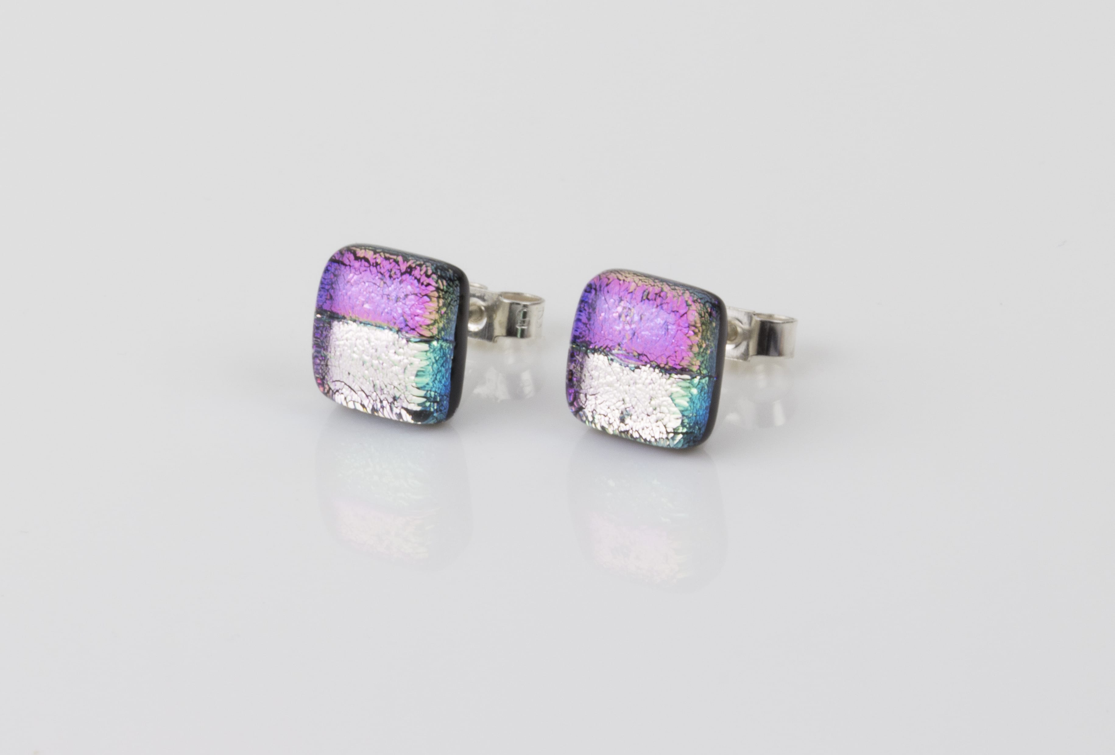 Dichroic glass jewellery uk, Handmade Earrings 2 tone pink glass earrings, stud earrings with sterling silver posts, square, glass 8-10mm