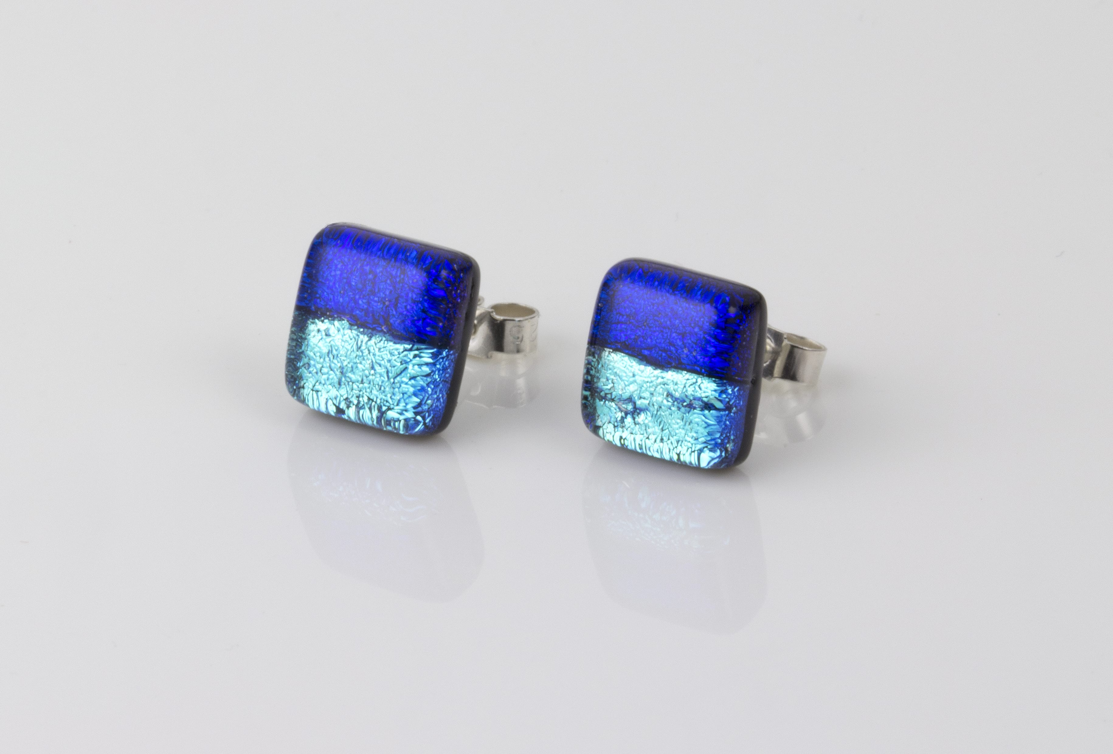 Dichroic glass jewellery uk, Handmade Stud Earrings 2 tone blue glass earrings with sterling silver posts, square, glass 8-10mm