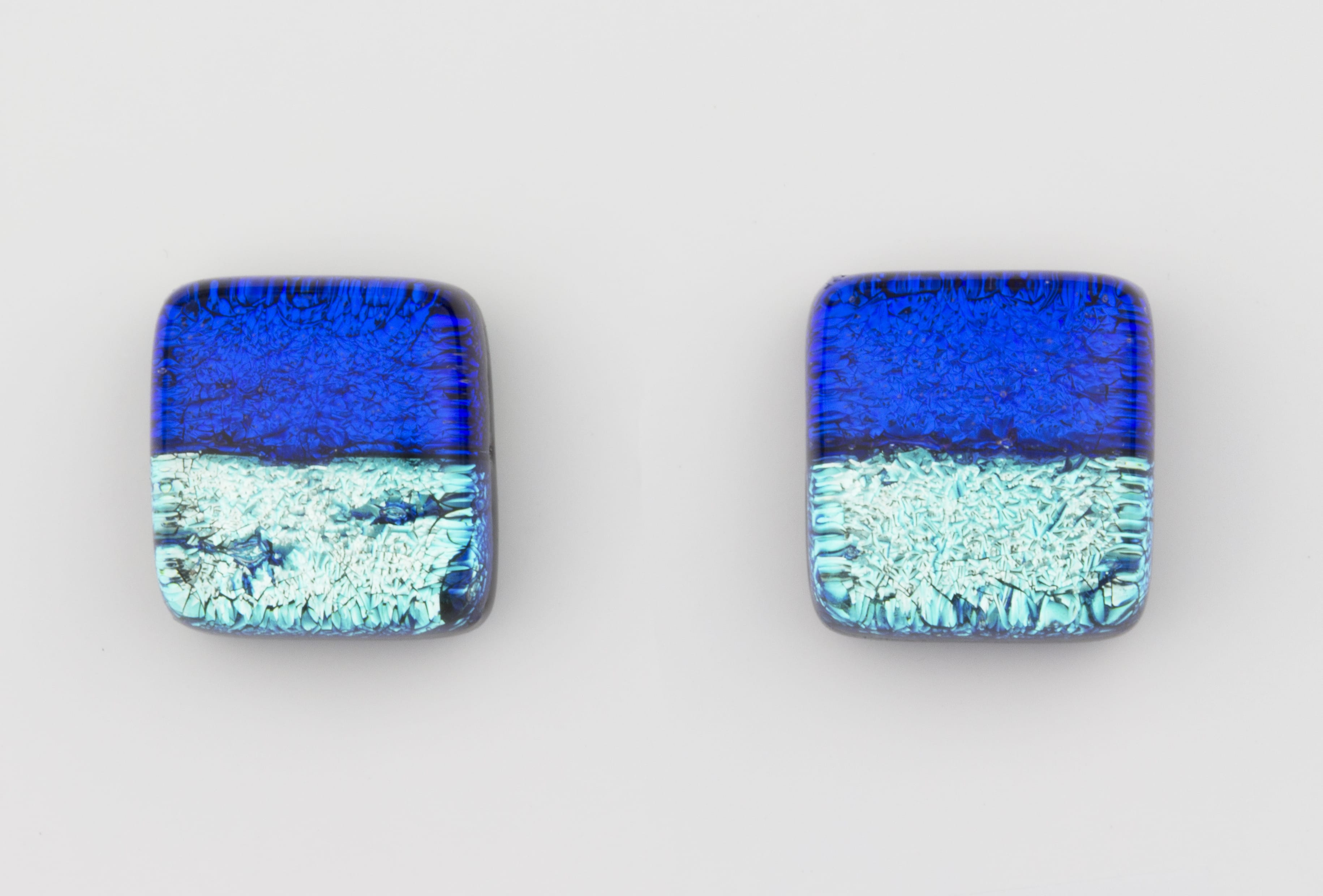 Dichroic glass jewellery uk, Handmade stud Earrings 2 tone blue glass earrings with sterling silver posts, square, glass 8-10mm