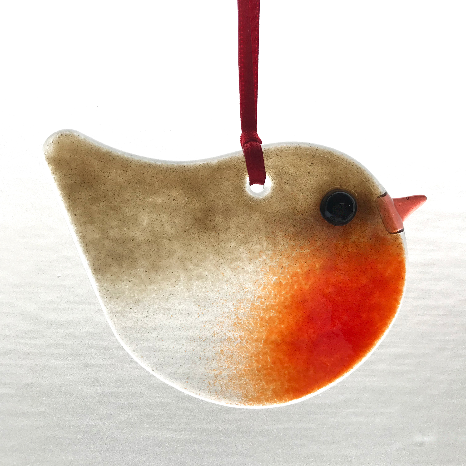 Fused glass robin with red satin ribbon to hang. A thoughtful bereavement gift or cheerul Christmas present.