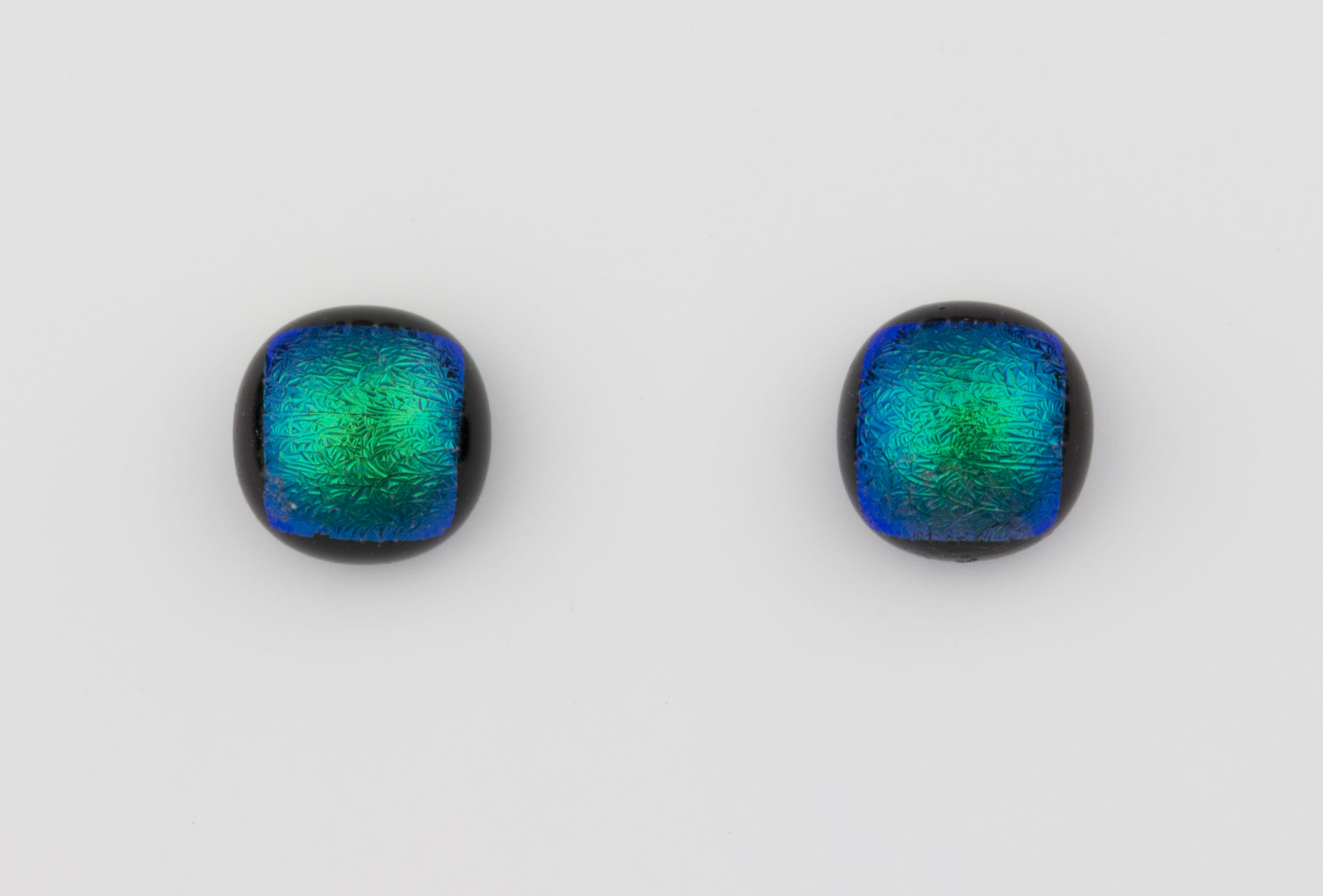 Dichroic glass jewellery uk, handmade stud earrings with green dichroic glass, round, sterling glass 7-9mm, silver posts.