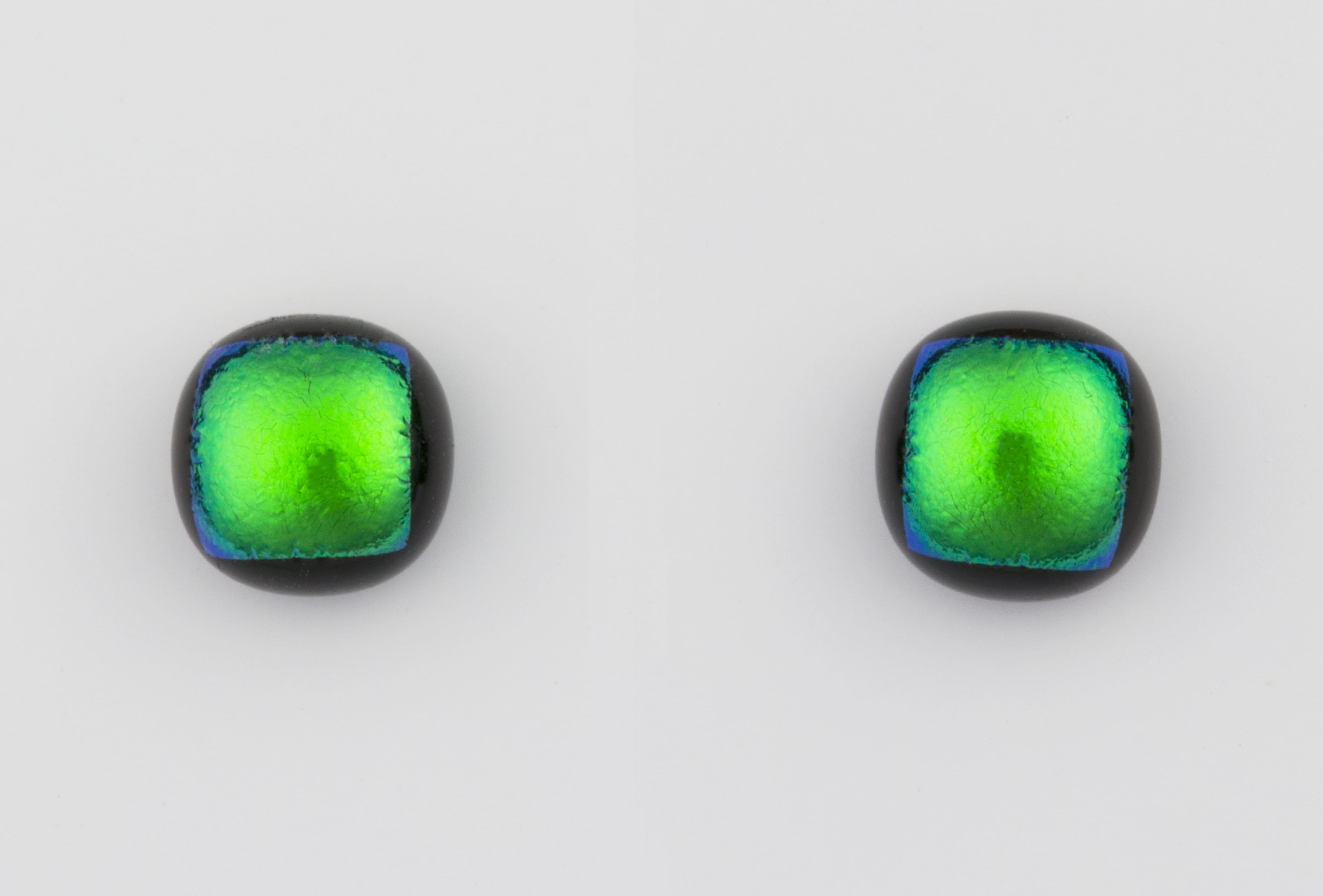 Dichroic glass jewellery uk, handmade stud earrings with bright green dichroic glass, round, sterling glass 7-9mm, silver posts.