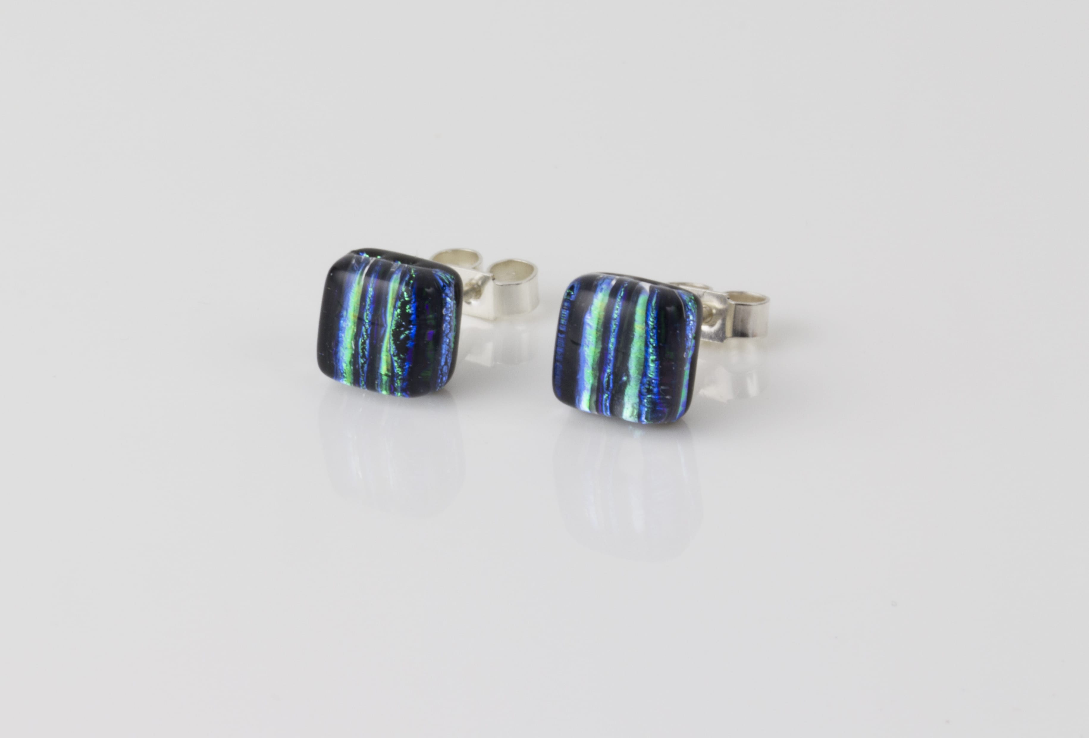 Dichroic jewellery uk, handmade stud earrings with striped green, yellow, black, blue. Square, glass 8-10mm, sterling silver