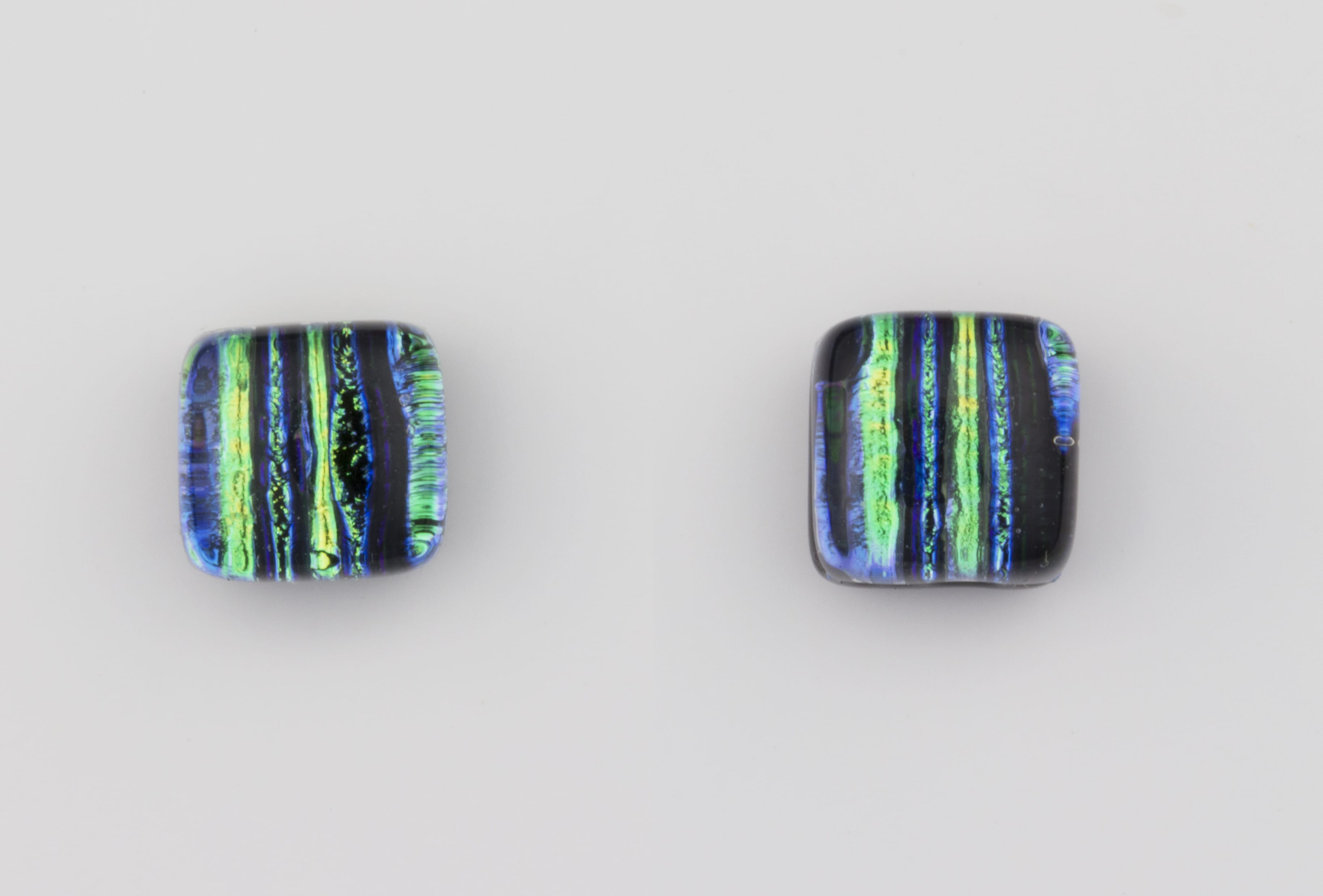 Dichroic jewellery uk, handmade stud earrings with striped green, yellow, black, blue. Square, glass 8-10mm, sterling silver