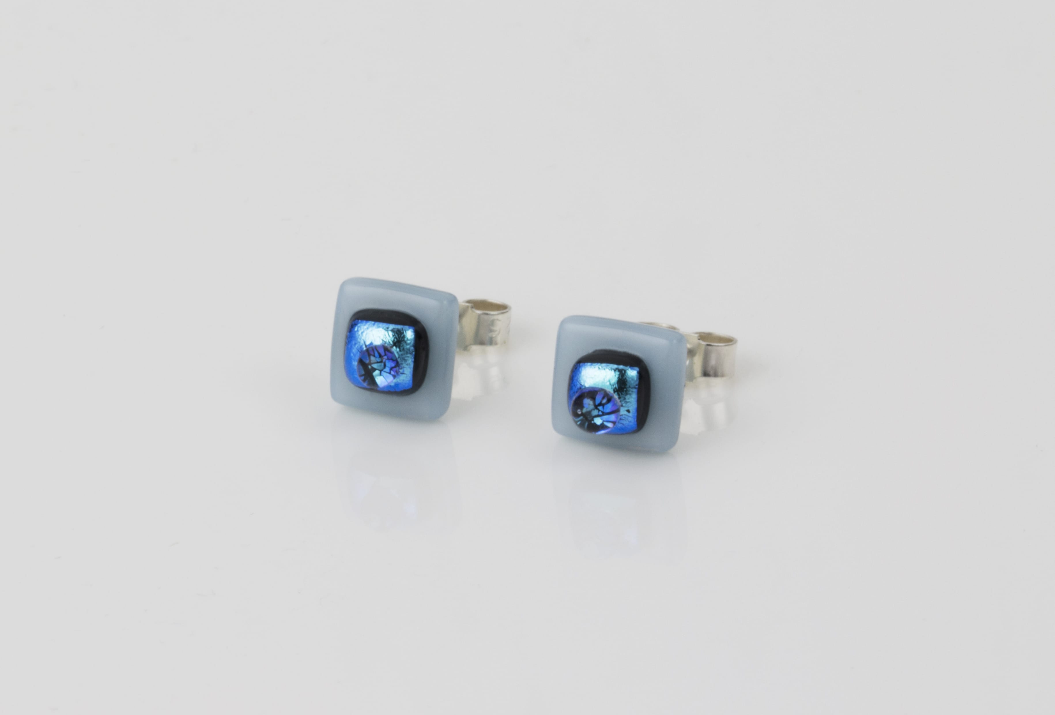 Dichroic glass jewellery uk, handmade stud earrings - turquoise opal/dichroic/clear glass stack. 10mm square, sterling silver