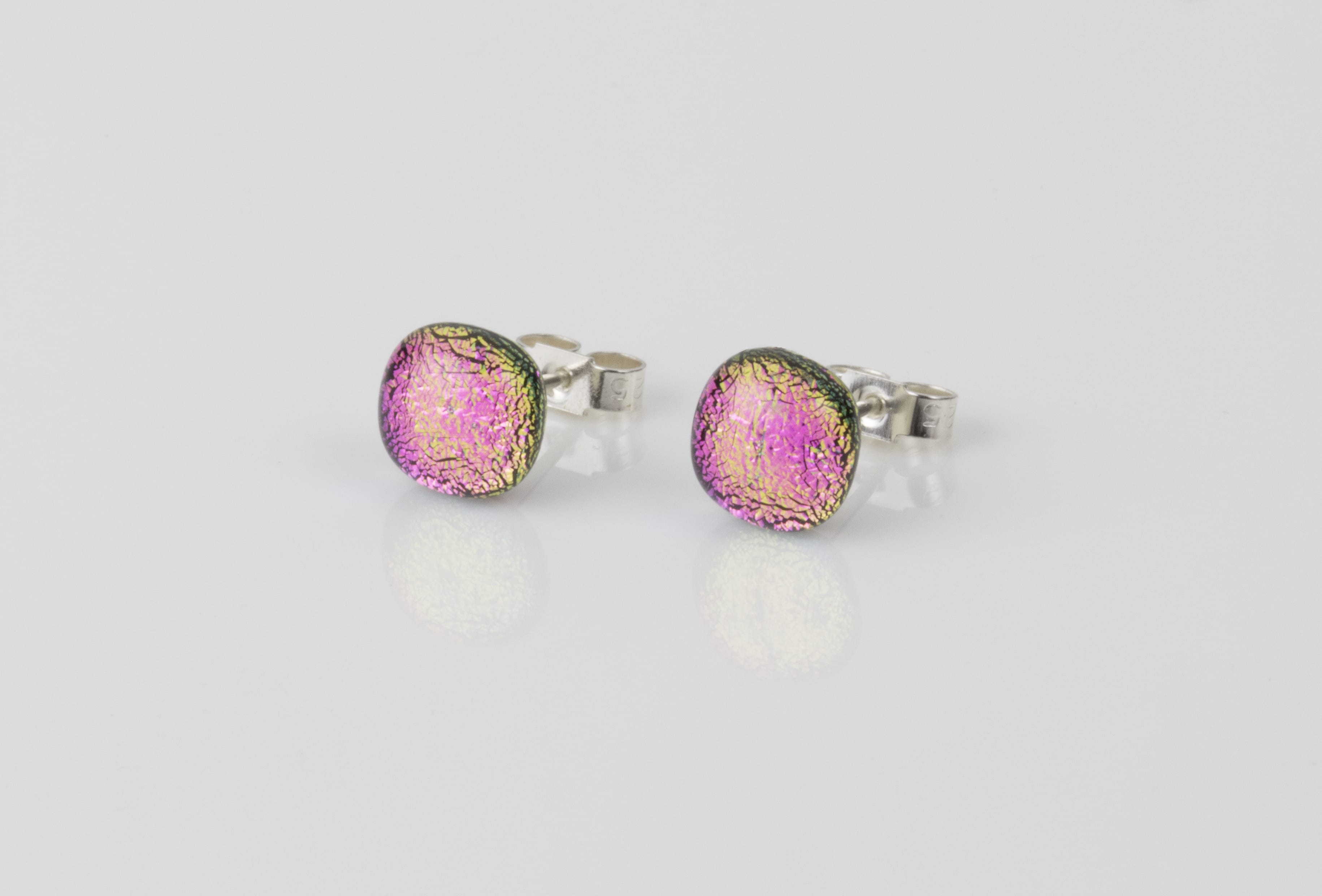 Dichroic glass jewellery uk, handmade stud earrings with hot pink dichroic glass, round, sterling glass 7-9mm, silver posts.