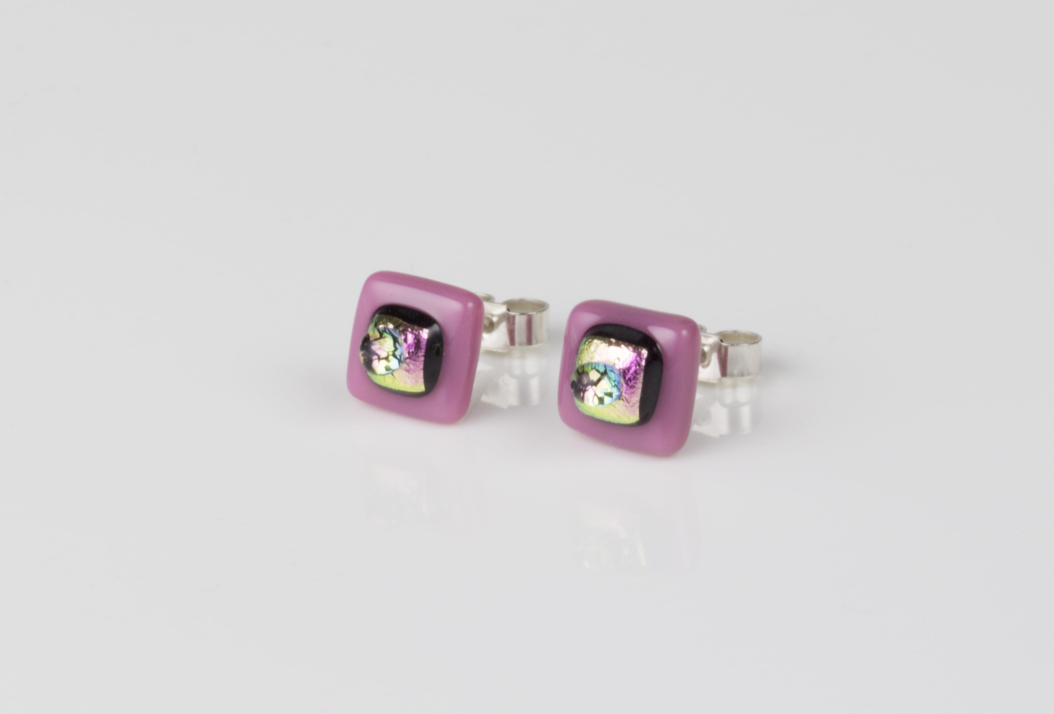Dichroic glass jewellery uk, handmade stud earrings - pink opal/dichroic/clear glass stack. 10mm square, sterling silver