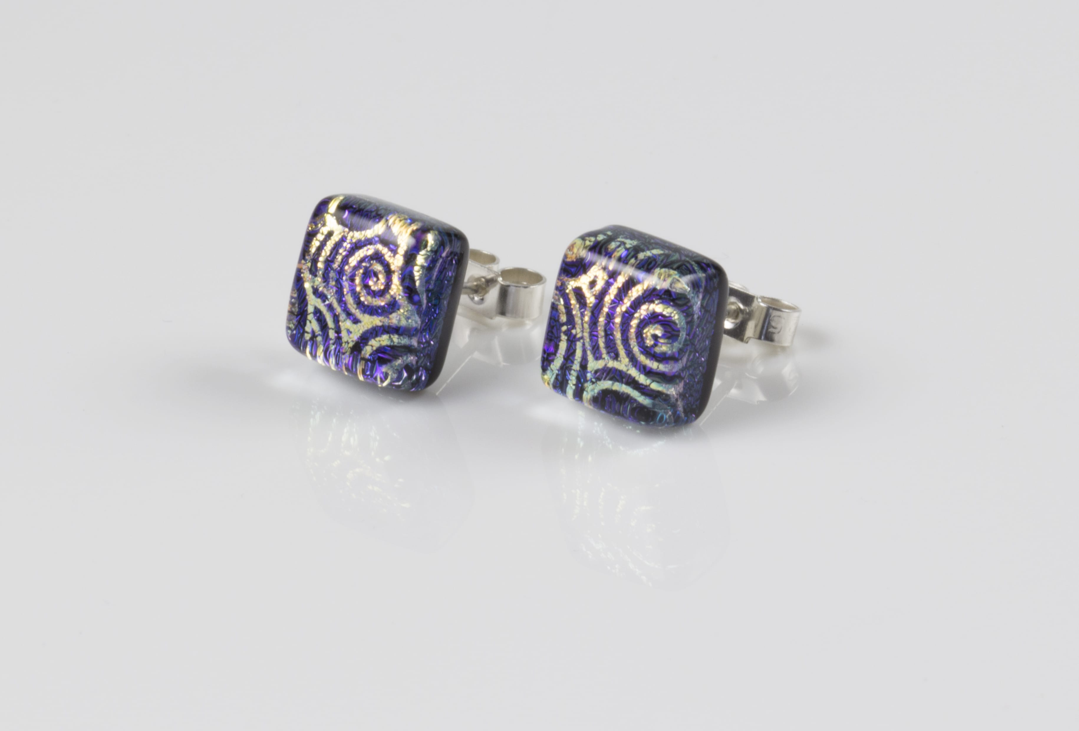 Dichroic glass jewellery uk, handmade stud earrings - purple topped with gold pattern. Square, glass 8-11mm, sterling silver