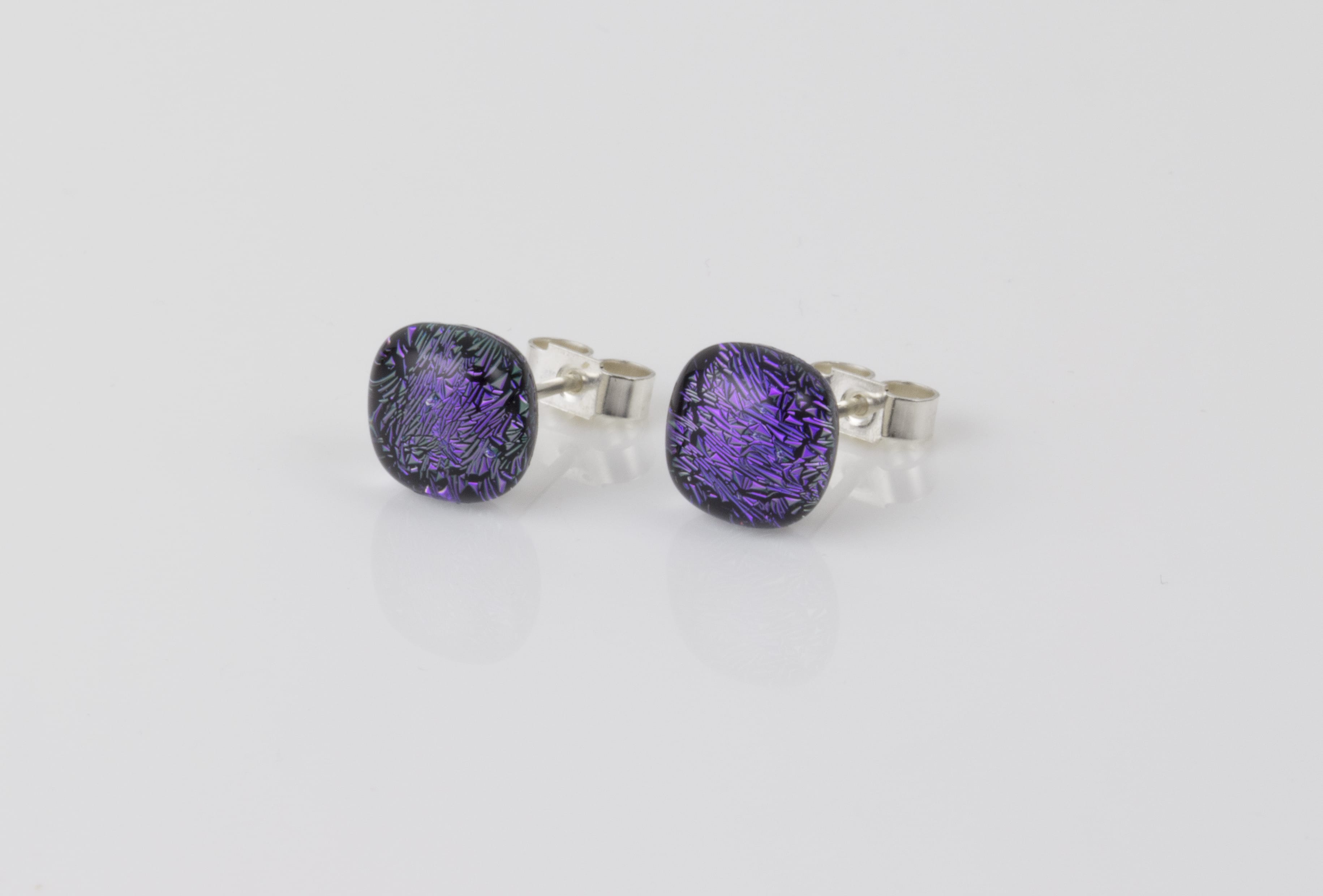Dichroic glass jewellery uk, handmade stud earrings with purple dichroic glass, round, sterling glass 7-9mm, silver posts.
