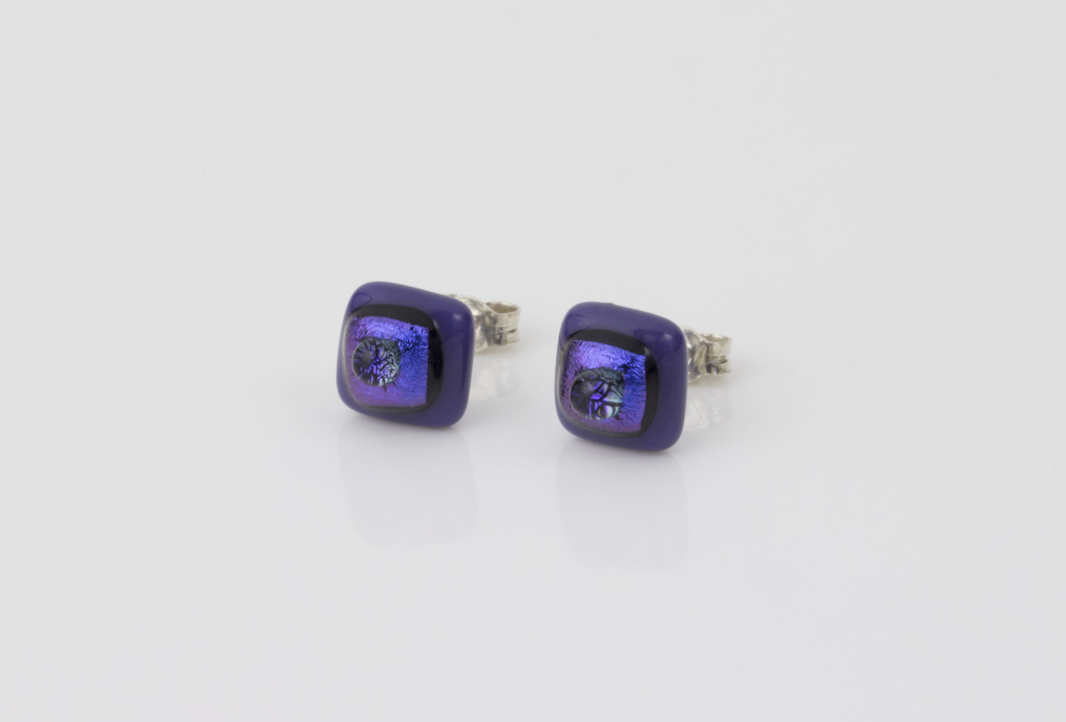 Dichroic glass jewellery uk, handmade stud earrings - purple opal/dichroic/clear glass stack. 10mm square, sterling silver