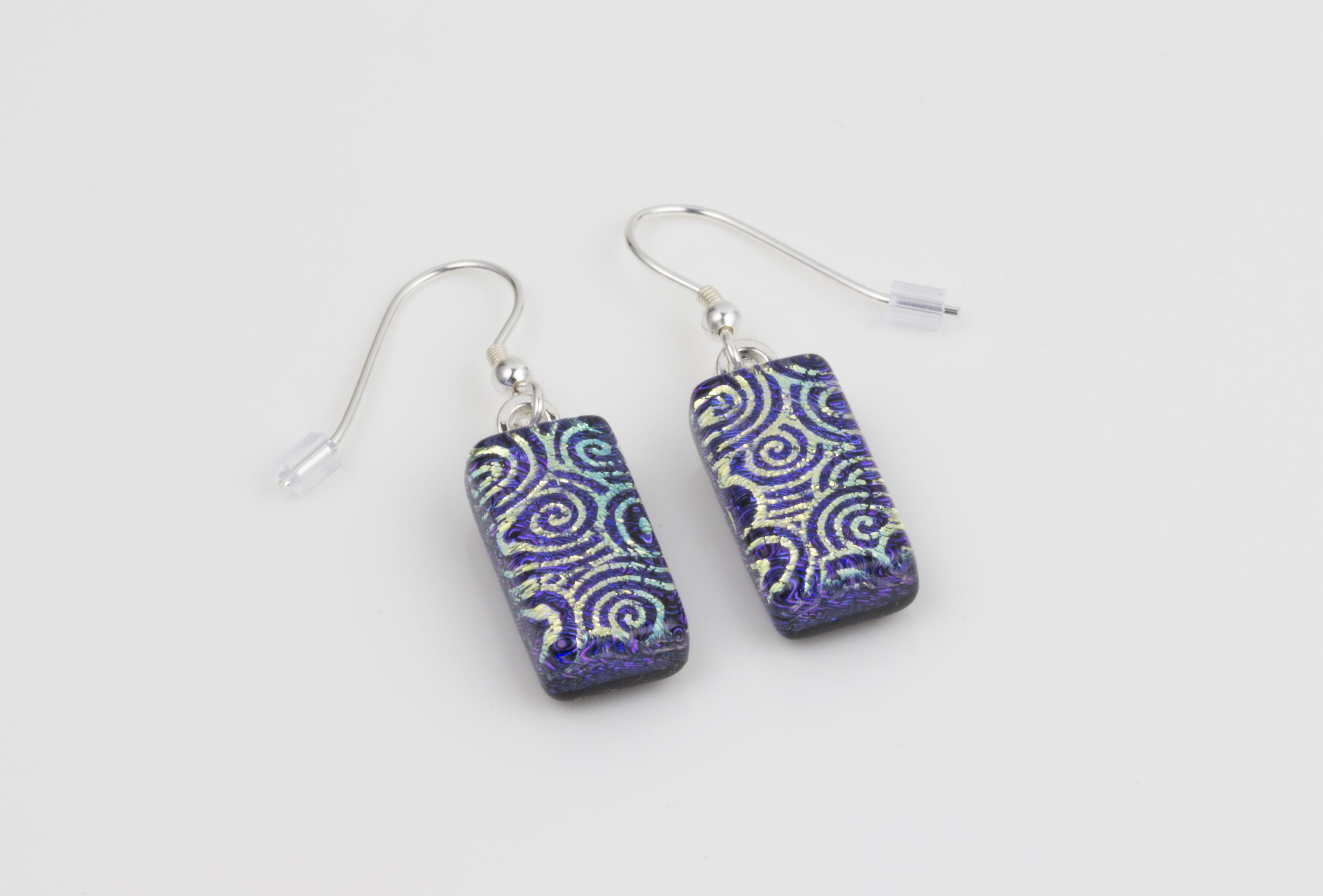Dichroic glass jewellery drop earrings,purple with gold pattern glass drop earrings, art glass earrings handmade in Shropshire, sterling silver hooks