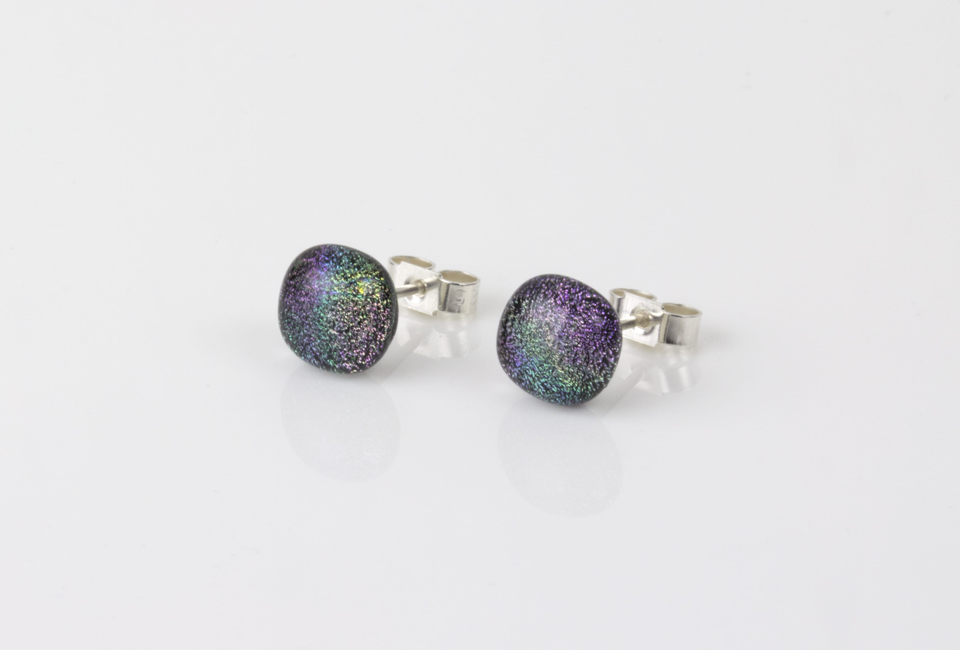 Dichroic glass jewellery uk, handmade stud earrings with reptilian coloured dichroic glass, round, sterling glass 7-9mm, silver posts.