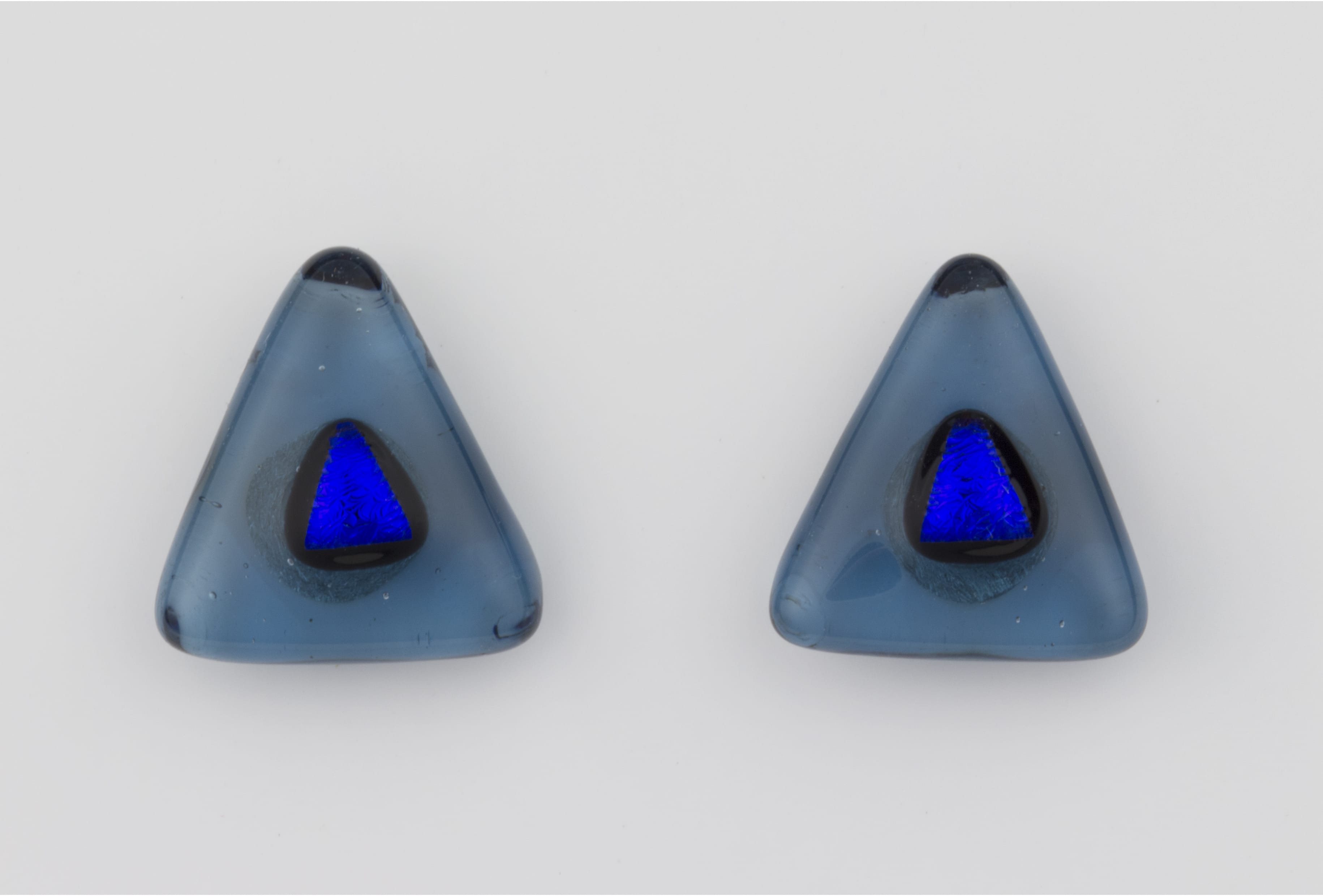 Dichroic glass jewellery uk, handmade sea blue triangle stud earrings blue dichroic spot, glass 14/15mm sides, sterling silver