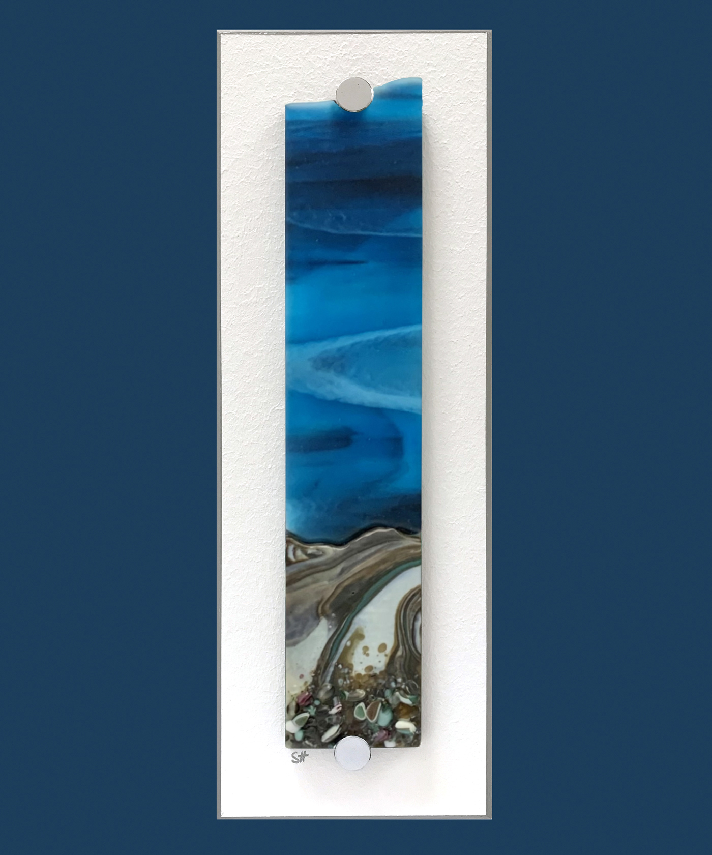 Seascape fused glass wall art – green/browns/vanilla to fore, green/greys specks, powder blue/grey sky. Satin finish.