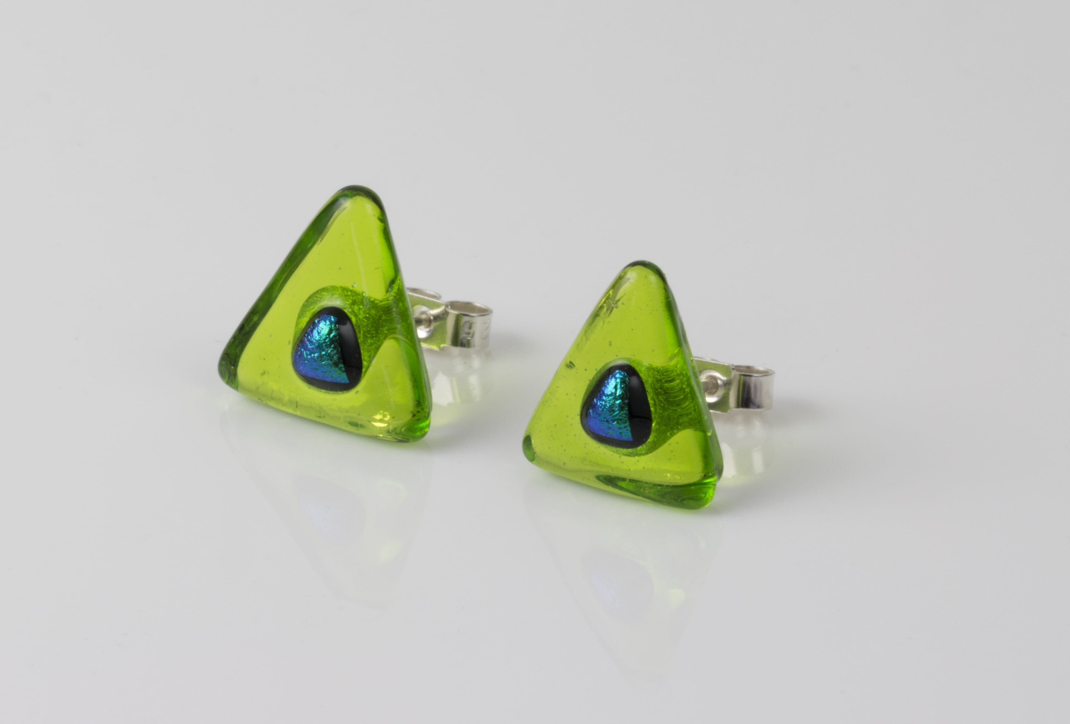 Dichroic glass jewellery uk, handmade spring green triangle stud earrings green dichroic spot, glass 14/15mm sides, sterling silver