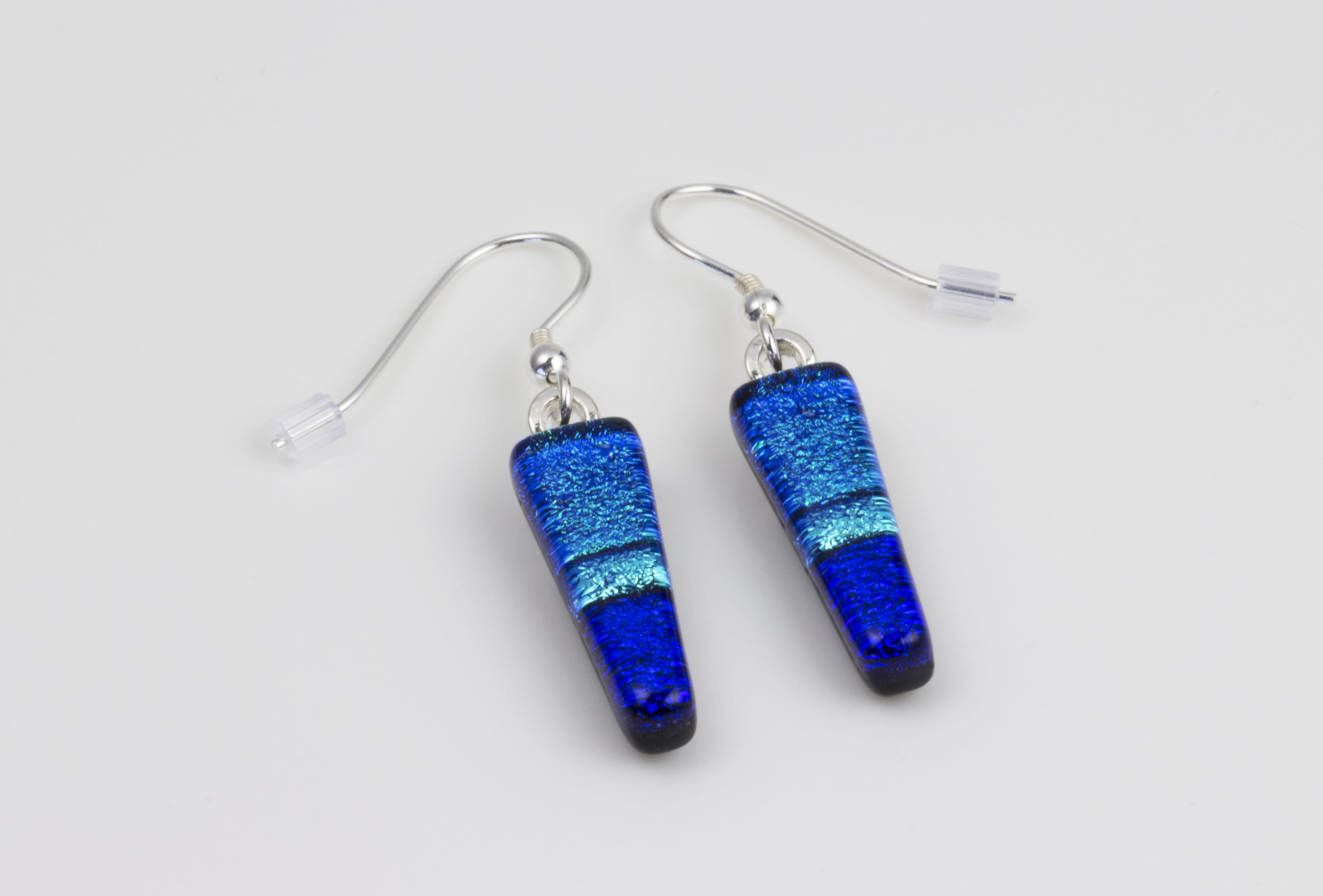Dichroic glass jewellery drop earrings, tapered blue glass earrings in 3 tones of blue, art glass earrings handmade in Shropshire, sterling silver hooks