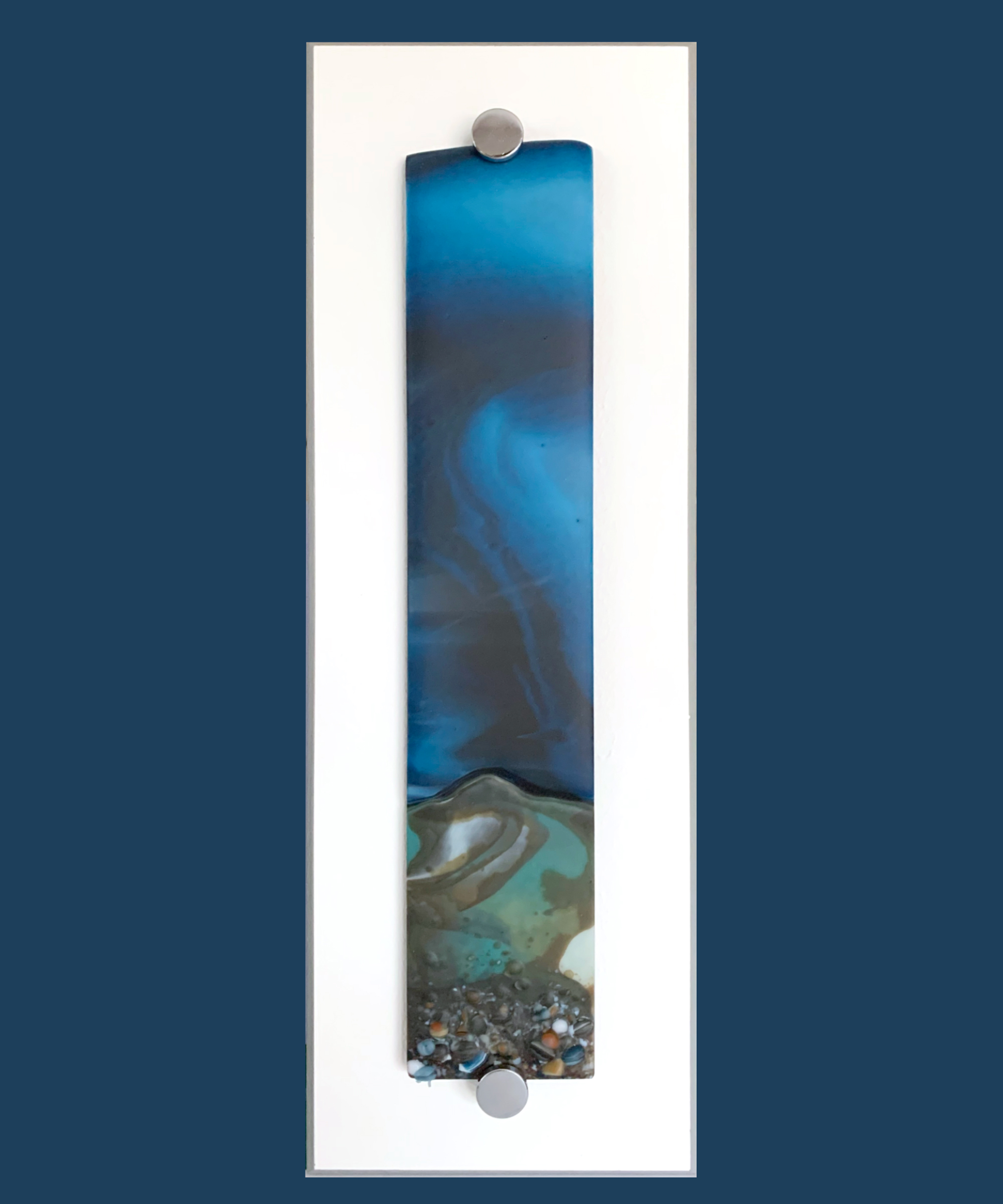 Seascape fused glass wall art – browns/vanilla/teals  to fore, green/greys/brown specks, powder dark blue sky. Satin finish.