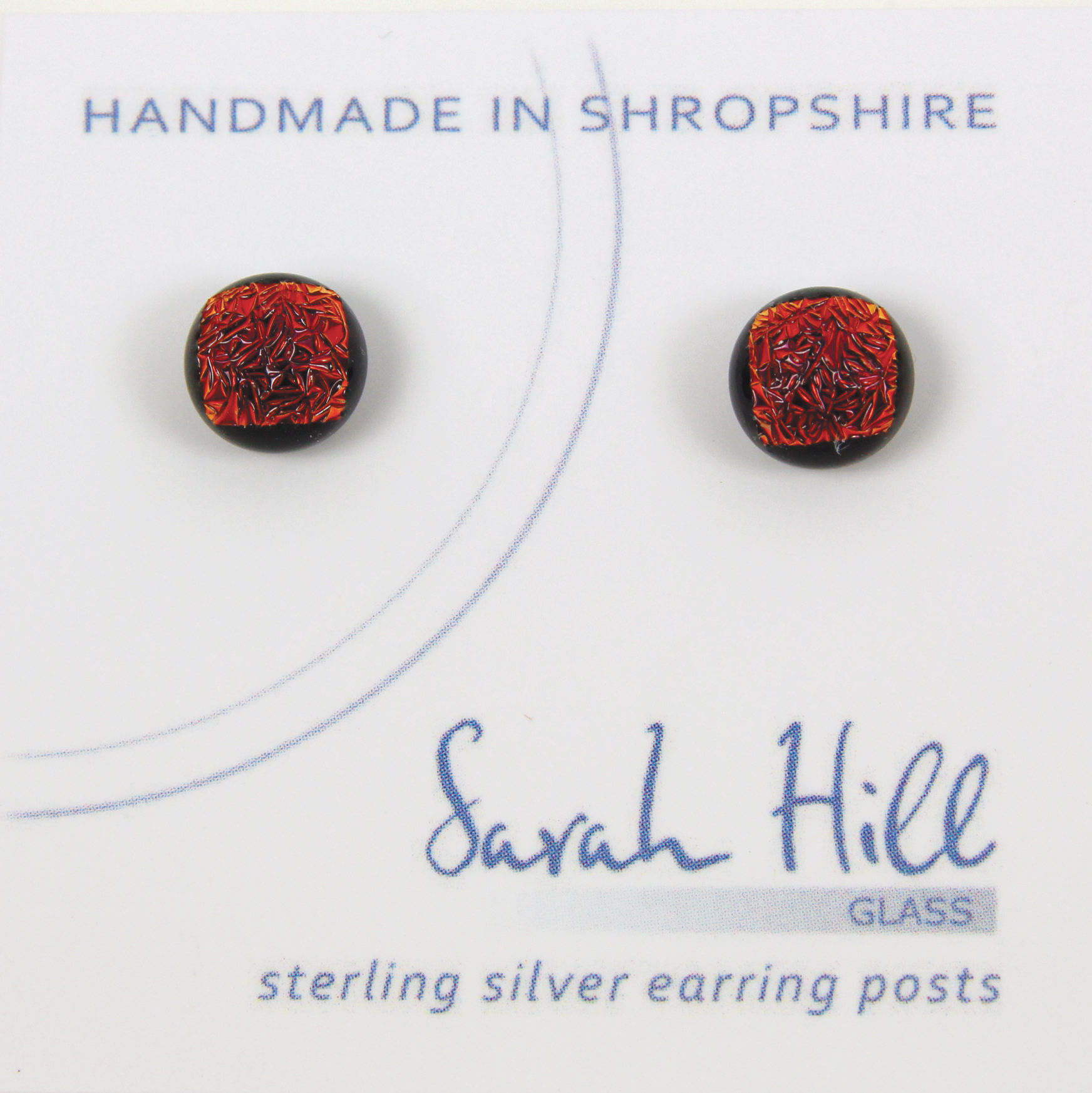 Dichroic glass jewellery uk, handmade stud earrings with copper red dichroic glass, round, sterling glass 7mm, silver posts.