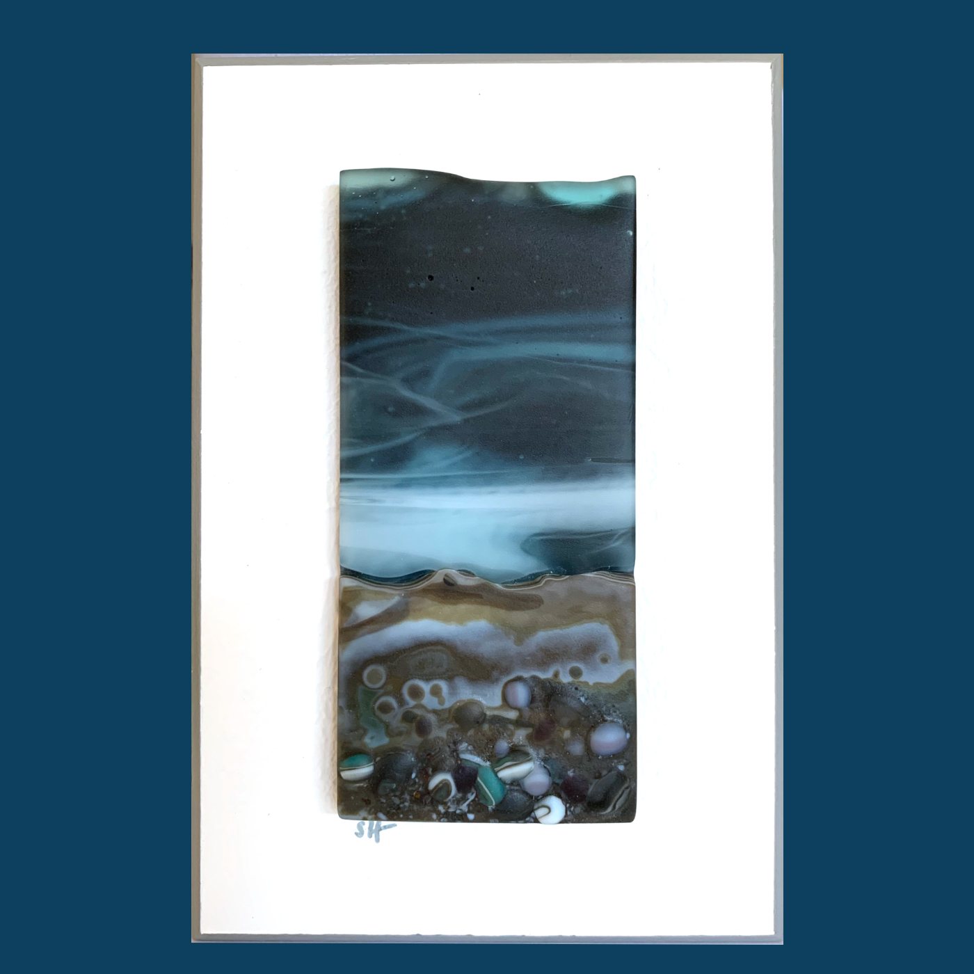 Seascapes fused glass wall art - moody sky, greens/brown lilac specks in landscape.