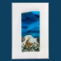 Seascapes fused glass wall art - light blue sky, vanilla/greens/brown and pale blue/cranberry pebbles in landscape.