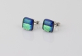 Dichroic glass jewellery uk, Handmade Earrings 2 tone green glass earrings with sterling silver posts, square, glass 8-10mm