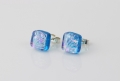 Dichroic glass jewellery uk, handmade blue stud earrings with dichroic starburst pattern, square, glass 8-10mm, sterling silver