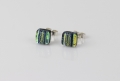 Dichroic glass jewellery uk, handmade stud earrings with striped yellow, black, blue. Square, glass 8-10mm, sterling silver