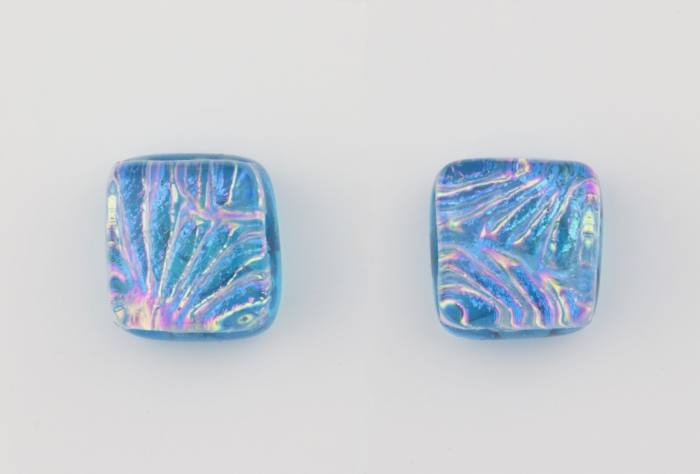 Dichroic glass jewellery uk, handmade blue stud earrings with dichroic starburst pattern, square, glass 8-10mm, sterling silver