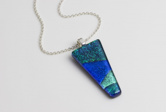 glass pendant necklace uk with 3 tones of green dichroic glass
