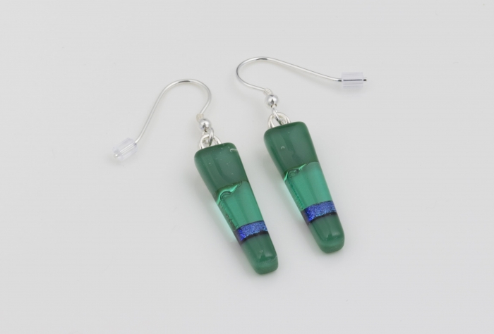 Dichroic glass jewellery, glass drop earrings, tapered green earrings with transparent, opaque and dichroic glass, art glass earrings handmade in Shropshire, sterling silver hooks