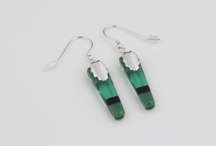 Dichroic glass jewellery, glass drop earrings, tapered green earrings with transparent, opaque and dichroic glass, art glass earrings handmade in Shropshire, sterling silver hooks