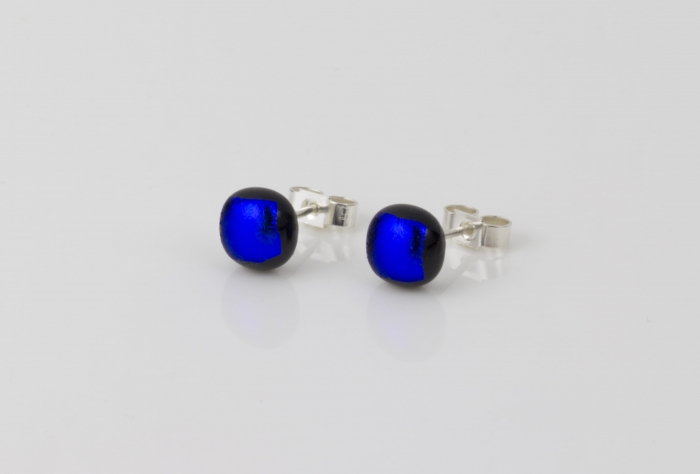 Dichroic glass jewellery uk, handmade stud earrings with lapis blue dichroic glass, round, sterling glass 7-9mm, silver posts.