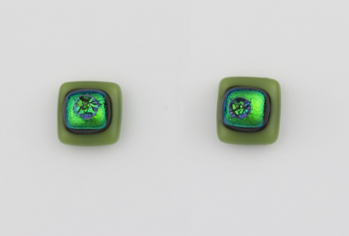 Dichroic glass jewellery uk, handmade stud earrings - green opal/dichroic/clear glass stack. 10mm square, sterling silver