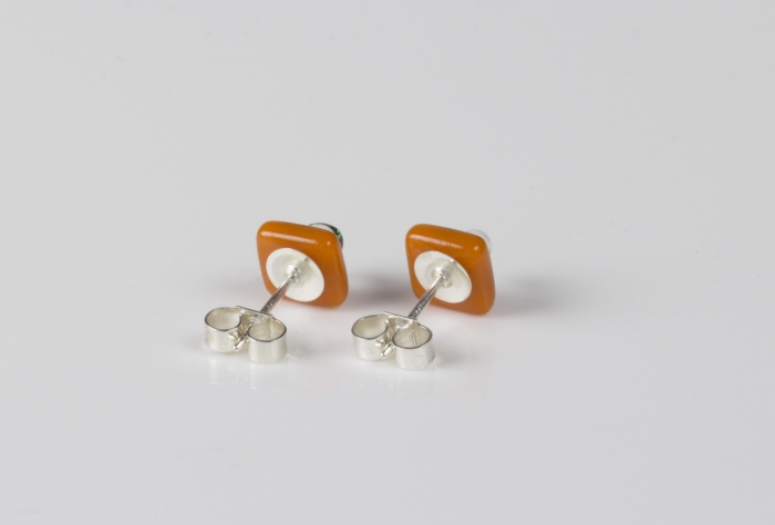 Dichroic glass jewellery uk, handmade stud earrings - orange opal/dichroic/clear glass stack. 10mm square, sterling silver