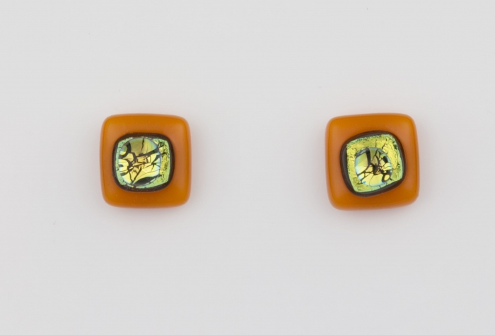 Dichroic glass jewellery uk, handmade stud earrings - orange opal/dichroic/clear glass stack. 10mm square, sterling silver