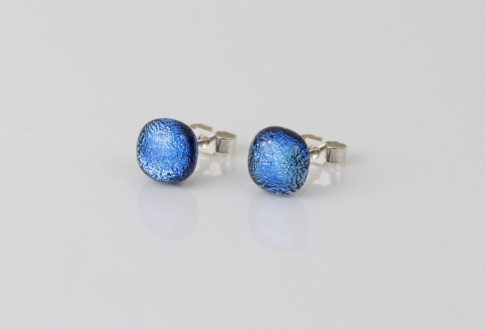 Dichroic glass jewellery uk, handmade stud earrings with pale blue dichroic glass, round, sterling glass 7-9mm, silver posts.