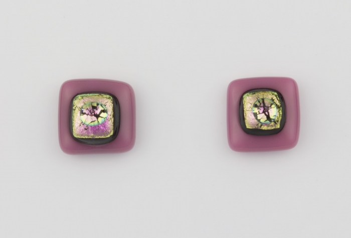 Dichroic glass jewellery uk, handmade stud earrings - pink opal/dichroic/clear glass stack. 10mm square, sterling silver