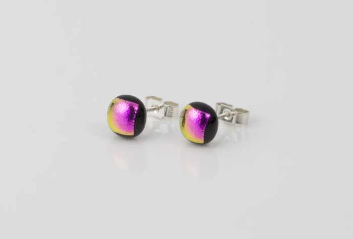 Dichroic glass jewellery uk, handmade stud earrings with hot pink dichroic glass, round, sterling glass 7-9mm, silver posts.