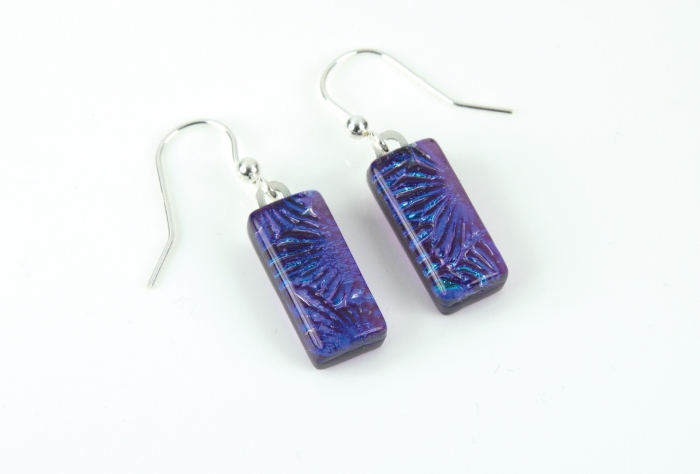Dichroic glass jewellery, glass drop earrings with purple/violet dichroic glass starburst glass, sterling silver hooks