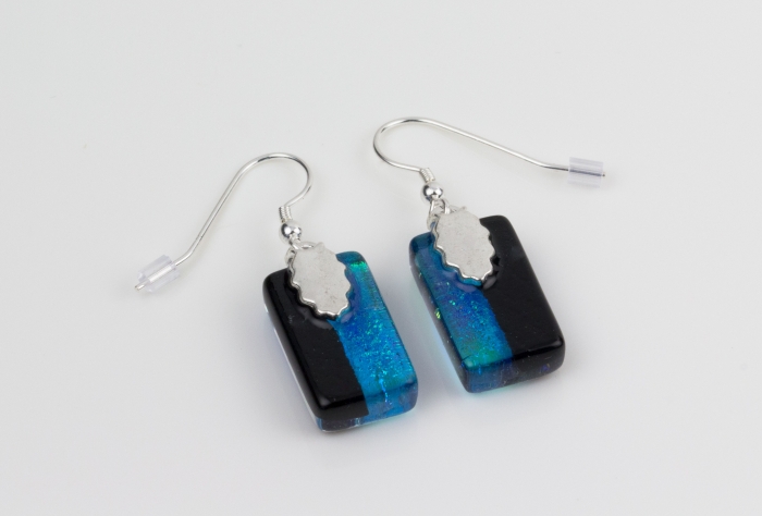 Dichroic glass jewellery drop earrings, rainbow glass earrings, art glass earrings handmade in Shropshire, sterling silver hooks