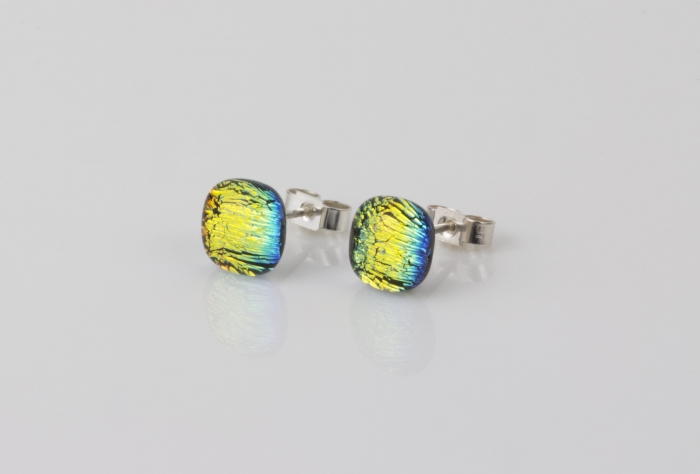 Dichroic glass jewellery uk, handmade stud earrings with rainbow colours dichroic glass, round, sterling glass 7-9mm, silver posts.