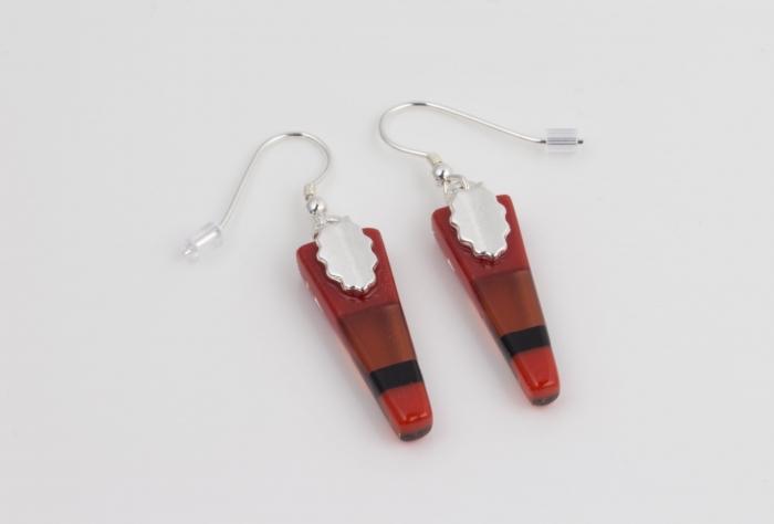 Dichroic glass jewellery, glass drop earrings, tapered red earrings with transparent, opaque and dichroic glass, art glass earrings handmade in Shropshire, sterling silver hooks