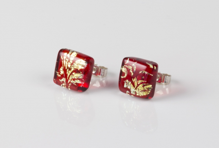 Dichroic glass jewellery uk, handmade stud earrings - red topped with gold plume pattern. Square, glass 8-11mm, sterling silver