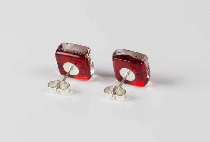 Dichroic glass jewellery uk, handmade stud earrings - red topped with gold plume pattern. Square, glass 8-11mm, sterling silver