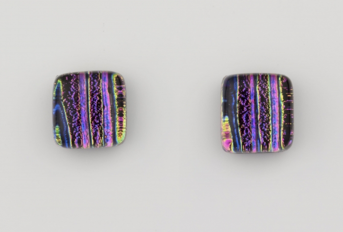 Dichroic glass jewellery uk, handmade stud earrings with striped pink, yellow, black, blue. Square, glass 8-10mm, sterling silver