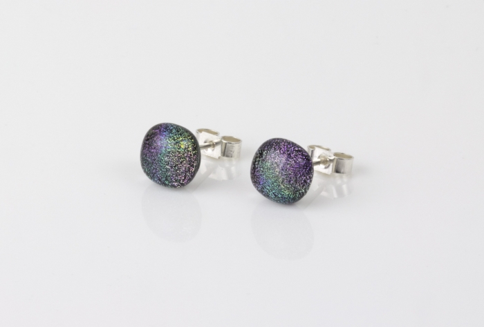 Dichroic glass jewellery uk, handmade stud earrings with reptilian coloured dichroic glass, round, sterling glass 7-9mm, silver posts.