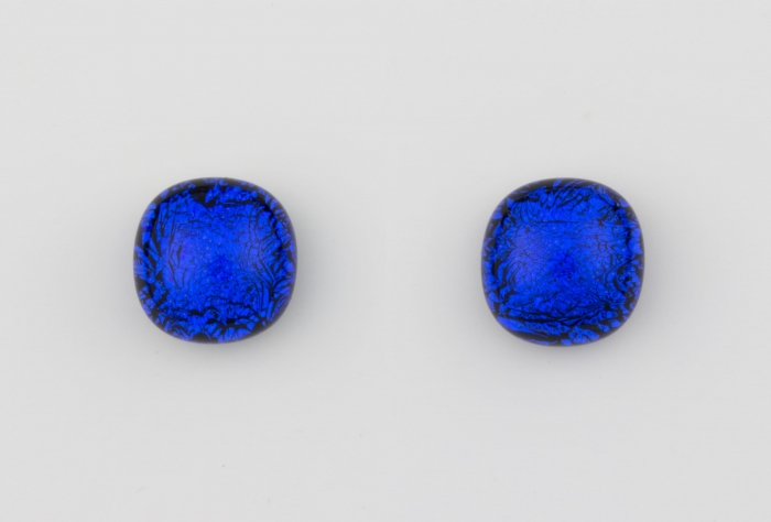 Dichroic glass jewellery uk, handmade stud earrings with blue dichroic glass, round, sterling glass 7-9mm, silver posts.