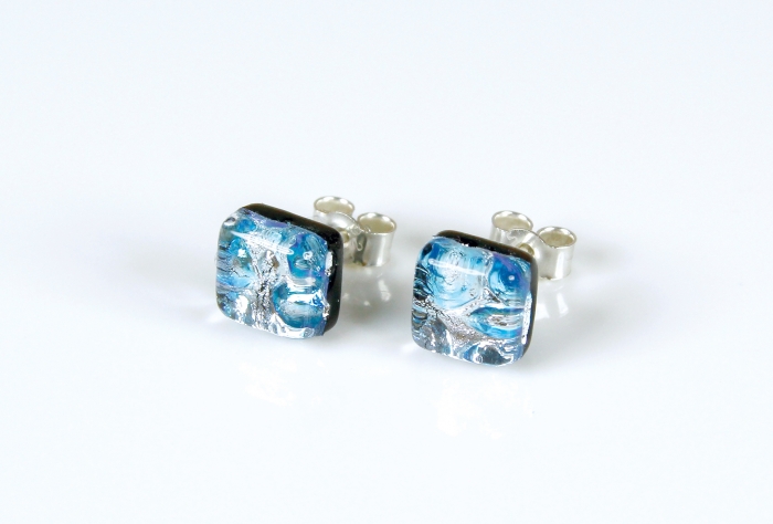 Dichroic glass jewellery uk, handmade stud earrings with silver/ice blue dichroic glass, square, sterling glass 7-10mm, silver posts.
