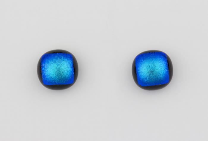Dichroic glass jewellery uk, handmade stud earrings with teal blue dichroic glass, round, sterling glass 7-9mm, silver posts.
