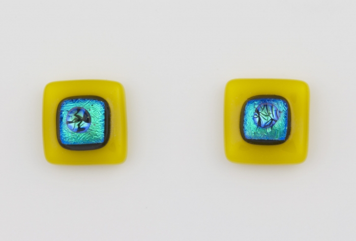 Dichroic glass jewellery uk, handmade stud earrings - yellow opal/dichroic/clear glass stack. 10mm square, sterling silver